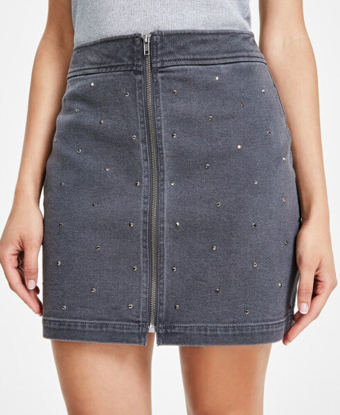 Women's Studded Zip-Front Denim Miniskirt, Created for Macy's