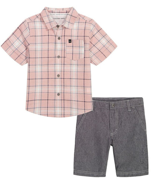 Little Boys Plaid Slub Button-Up Short Sleeve Shirt and Twill Shorts, 2 Piece Set