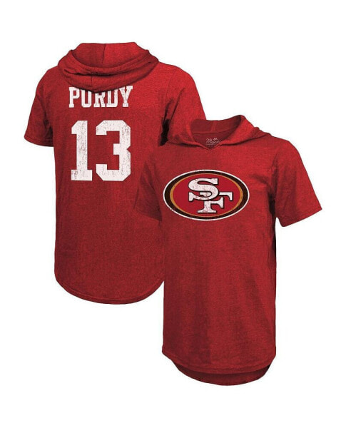 Men's Threads Brock Purdy Scarlet San Francisco 49ers Player Name and Number Tri-Blend Short Sleeve Hoodie T-shirt