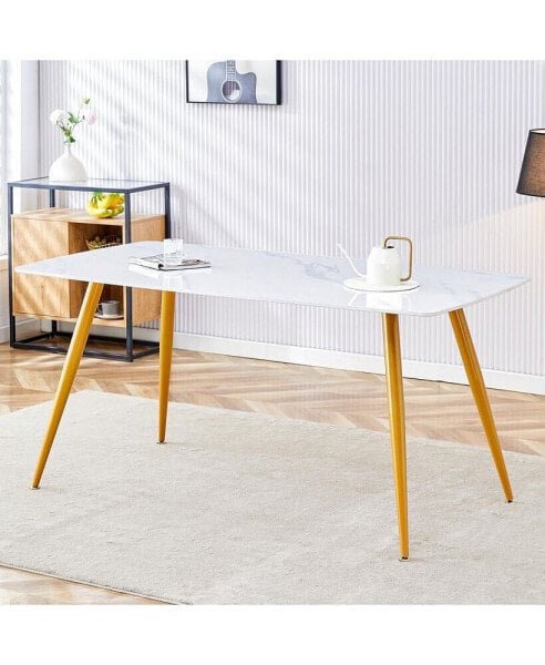 Modern minimalist dining table. White imitation marble pattern SINTERED STONE desktop with golden metal legs.62"34.6"29.9" F-001