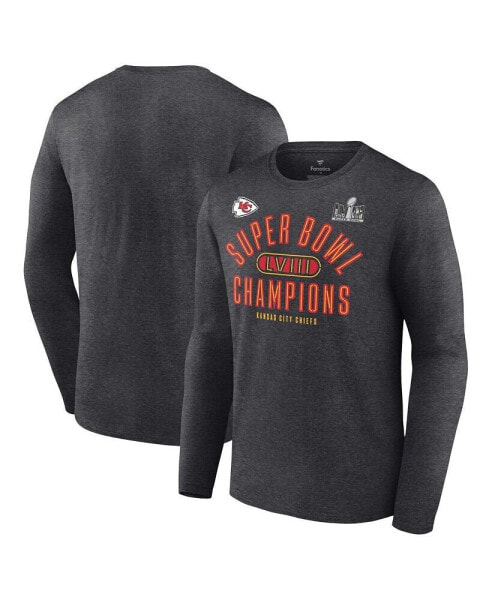 Men's Heather Charcoal Kansas City Chiefs Super Bowl LVIII Champions Under The Lights Big and Tall Long Sleeve T-shirt