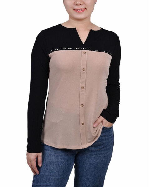 Petite Long Sleeve Studded Colorblocked Split Neck Top