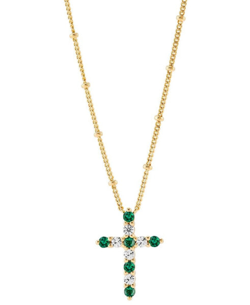 Lab-Grown Emerald (1/4 ct. t.w.) & Lab-Grown White Sapphire (1/3 ct. t.w.) Cross Pendant Necklace in 14k Gold-Plated Sterling Silver, 16" + 2" extender