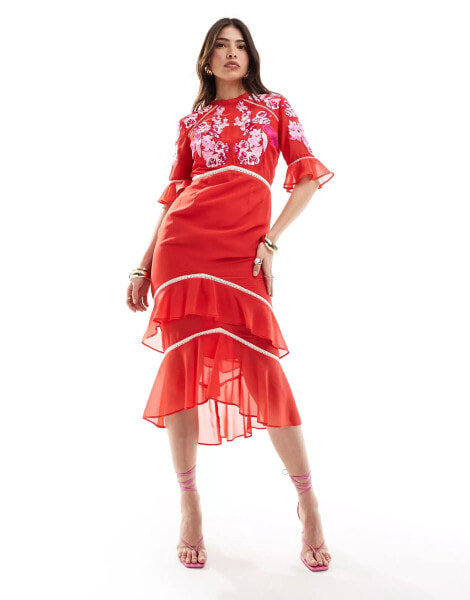 Hope & Ivy tiered midi dress with peplum in red with white embroidery