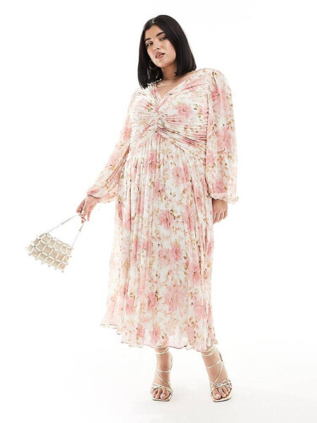 Forever New Curve ruched pleated midaxi dress in pink floral