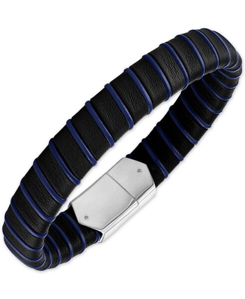 Woven Black & Blue Leather Bracelet in Sterling Silver, Created for Macy's