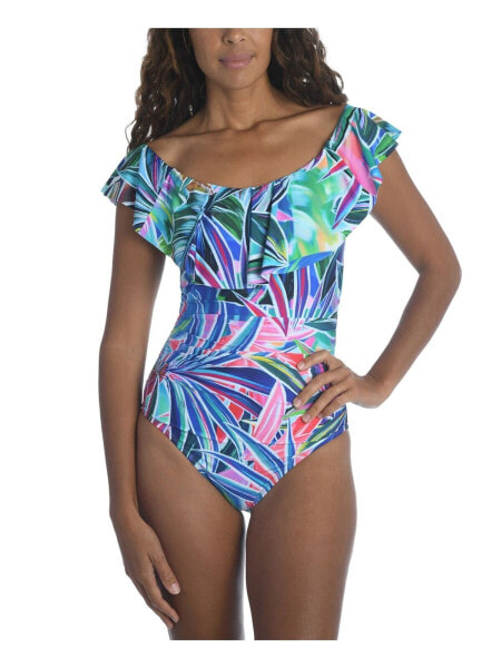 La Blanca Women's Ruffled Bandeau One Piece Swimsuit, Mulit//Palm Opulance, 16