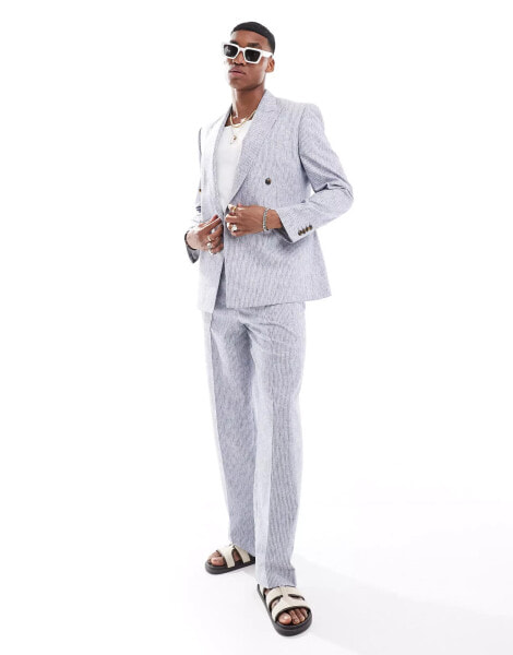 ASOS DESIGN wide suit trouser in blue linen stripe