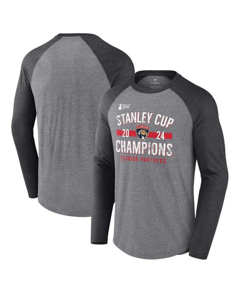 Men's Heather Gray Florida Panthers 2024 Stanley Cup Champions Throwback Tri-Blend Raglan Long Sleeve T-Shirt