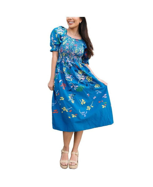 Night Flower Smocked Cotton Silk Midi Dress