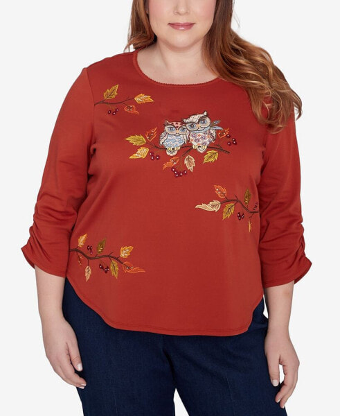 Plus Size Classic Nuzzling Owls Ruched Sleeves Top