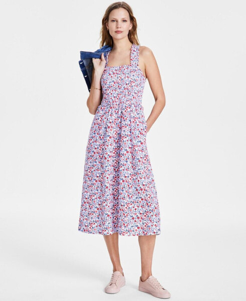 Women's Smocked Floral-Print Cotton Midi Dress