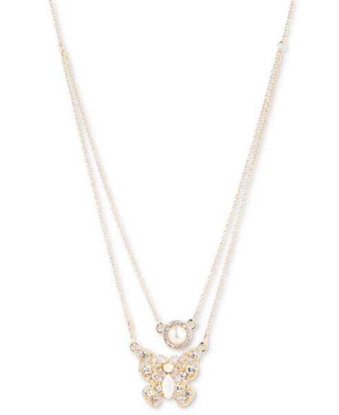 Gold-Tone Imitation Pearl, Mother of Pearl & Glass Stone Butterfly Layered Necklace, 16" + 3" extender