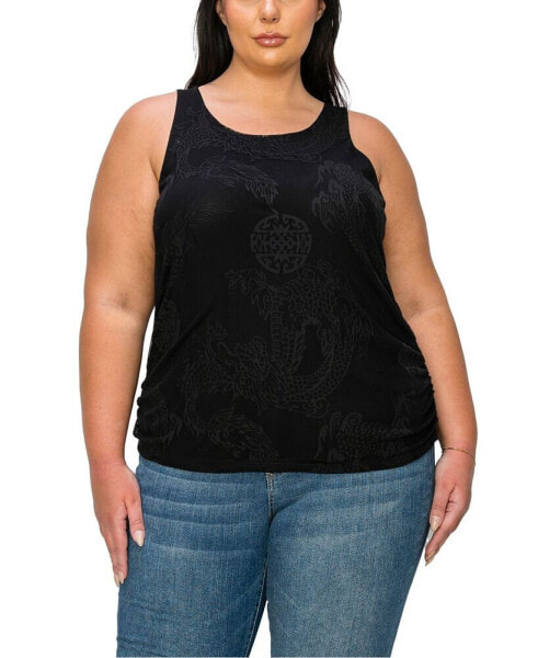 Plus Size Dragon Print Mesh Side Ruched Tank Top