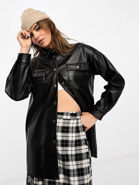 Noisy May faux leather shirt in black