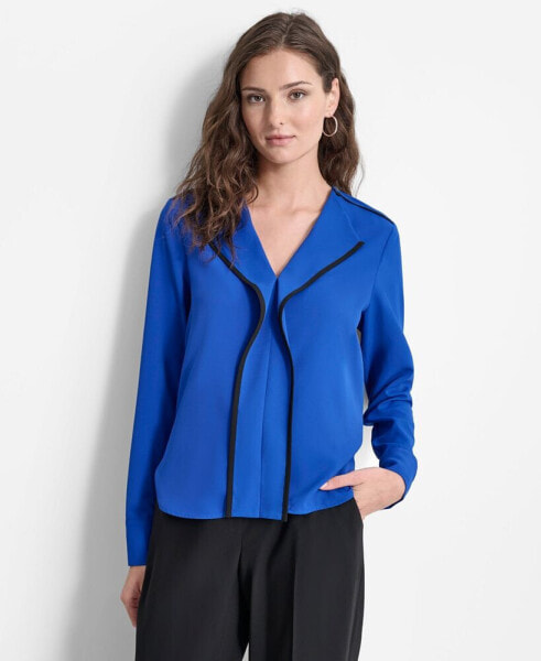 Petite Tipped-Placket V-Neck Long-Sleeve Blouse