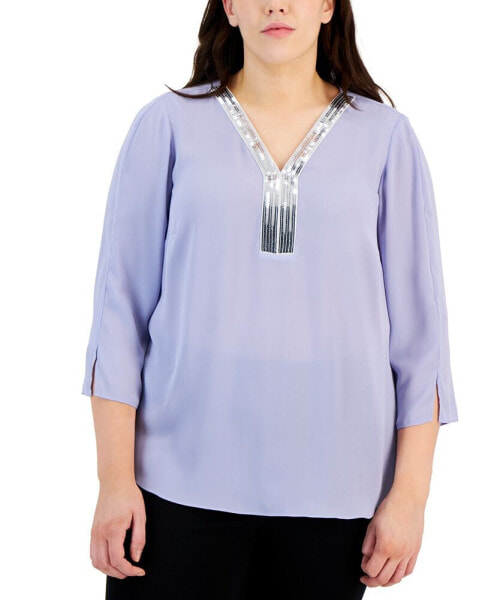 Plus Size Sequined-Neck 3/4-Sleeve Top, Created for Macy's