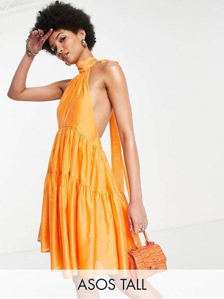 ASOS DESIGN Tall halter tiered voile mini dress with tie back detail in orange