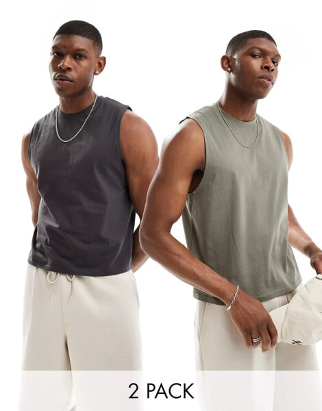 ASOS DESIGN 2 pack crew neck tanks in khaki and charcoal