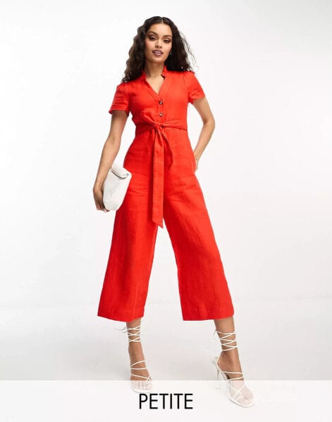 Whistles Petite short sleeve jumpsuit with tie waist in red linen