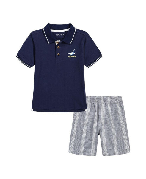 Toddler Boys Tipped Pique Polo Shirt and Prewashed Plaid Shorts, 2 Pc Set