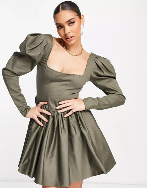 Женское мини-платье ASOS DESIGN Gebondetes Skater-Minikleid aus Baumwoll-Popeline in Khaki