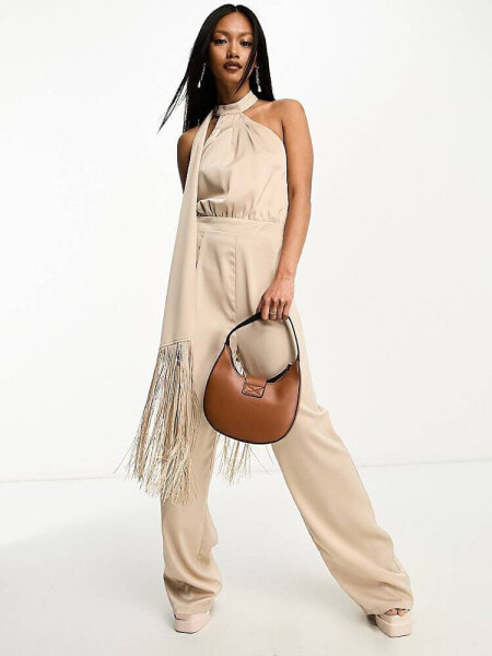 In The Style x Georgia Louise fringed scarf detail wide leg jumpsuit in stone