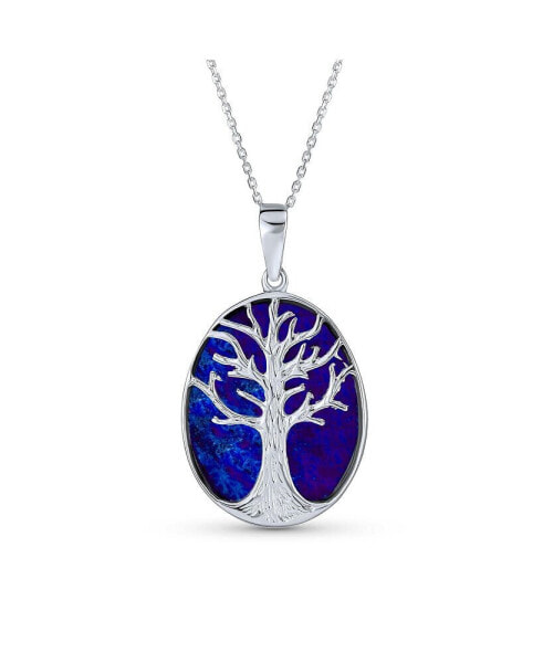 Blue Natural Lapis Lazuli large Oval Wishing Tree Family Tree Of Life Pendant Necklace For Women Sterling Silver