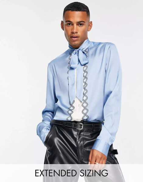 ASOS DESIGN regular satin shirt with tie neck in blue border print