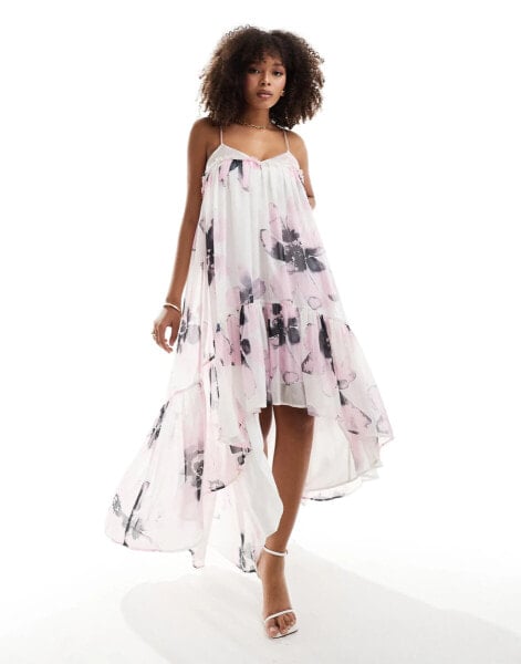 ASOS DESIGN chiffon trapeze maxi dress with raw edge in floral print