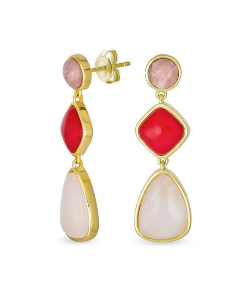 Unique Boho Long Round Square Teardrop Shape Natural 3 Multi-Tier Gemstone Summer Party Red Peach Pink Quartz Dangling Earrings Gold Plated