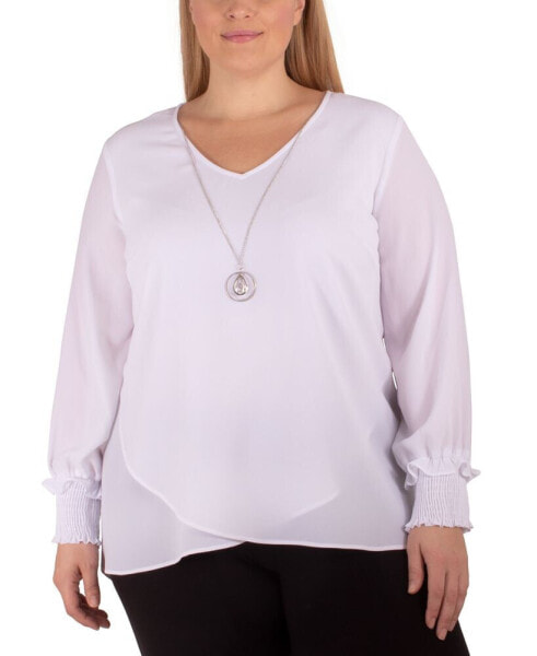 Plus Size Long Sleeve Overlapping Crepe Top with Necklace