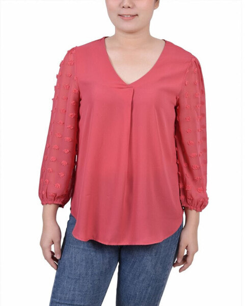 Petite V-neck Blouse with 3/4 Jacquard Chiffon Sleeves