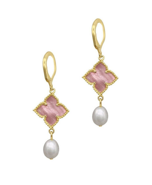 14K Gold Plated Floral and Pearl Drop Earrings Pink Imitation Mother of Pearl
