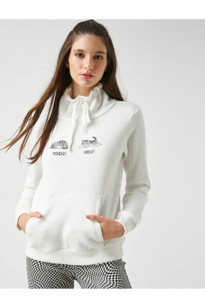 Kapüşonlu Sweatshirt Cepli Baskılı İçi Polarlı