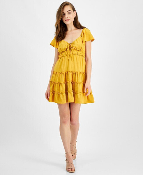 Juniors' Flutter-Sleeve Tiered Mini Dress