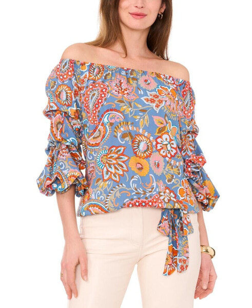 Women's Printed Off The Shoulder Bubble Sleeve Tie Front Blouse