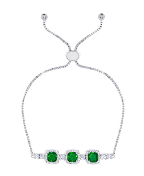 Simulated Emerald/Cubic Zirconia Cushion Adjustable Bolo Bracelet in Silver Plate