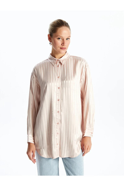 Çizgili Oversize Saten Kadın Gömlek Tunik
