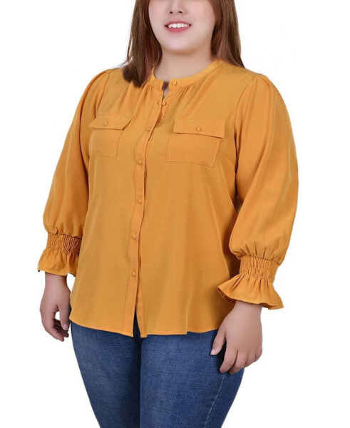 Plus Size Long Sleeve Mandarin Collar Blouse