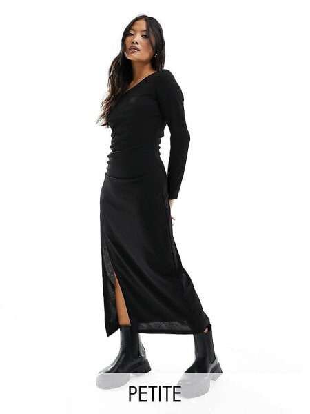 JDY Petite assymetric neck midi dress with side slit in black