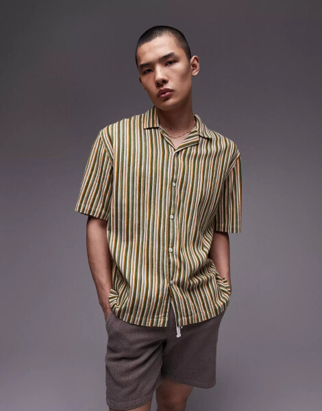 Topman short sleeve relaxed striped shirt in green and yellow