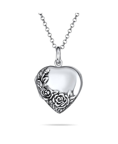 Bling Jewelry personalized Engrave Carved Floral Flower Rose Photo Heart Shape Lockets Necklace Pendant For Women That Hold Pictures Oxidized .925 Sterling Silver Customizable