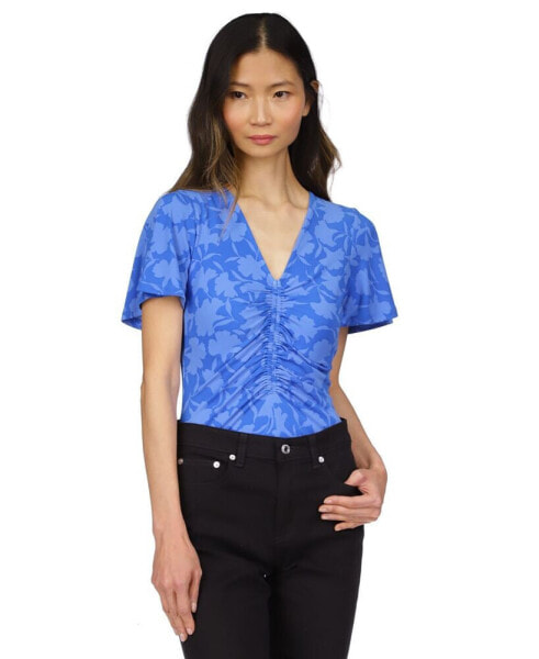 Petite Printed Ruched Flutter-Sleeve Top