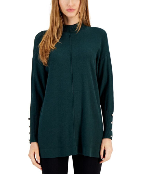 Button-Trim Mock-Neck Sweater