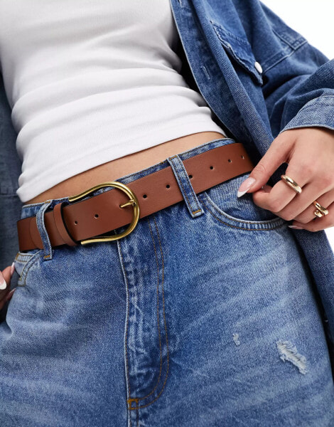 ASOS DESIGN waist and hip half moon jeans belt in tan