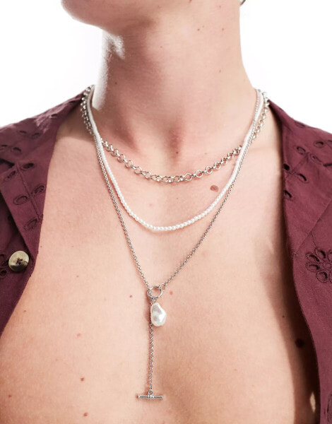 Icon Brand pearl and t-bar multirow necklace in silver