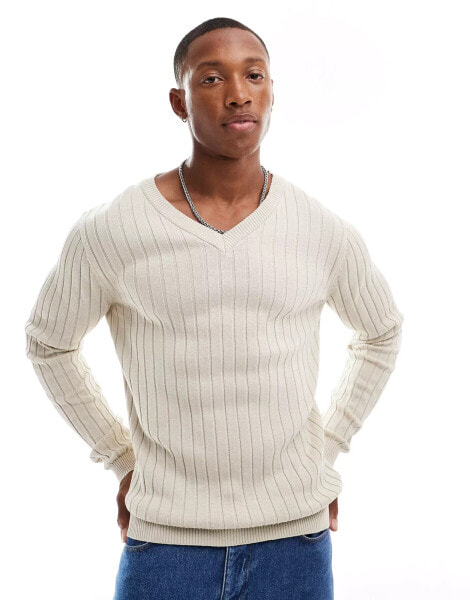 ASOS DESIGN essential muscle fit knitted rib v-neck jumper in oatmeal