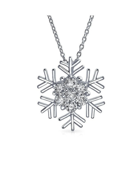 Holiday Party Cubic Zirconia Micro Pave CZ Accent Christmas Frozen Winter Sparkling Snowflake Necklace Pendant For Women Teen .925 Sterling Silver