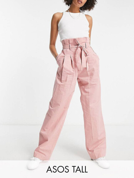 ASOS DESIGN Tall stripe paperbag waist trouser in pink 